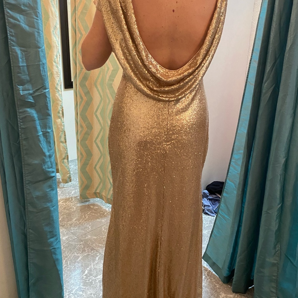Open back, sequined gold dress